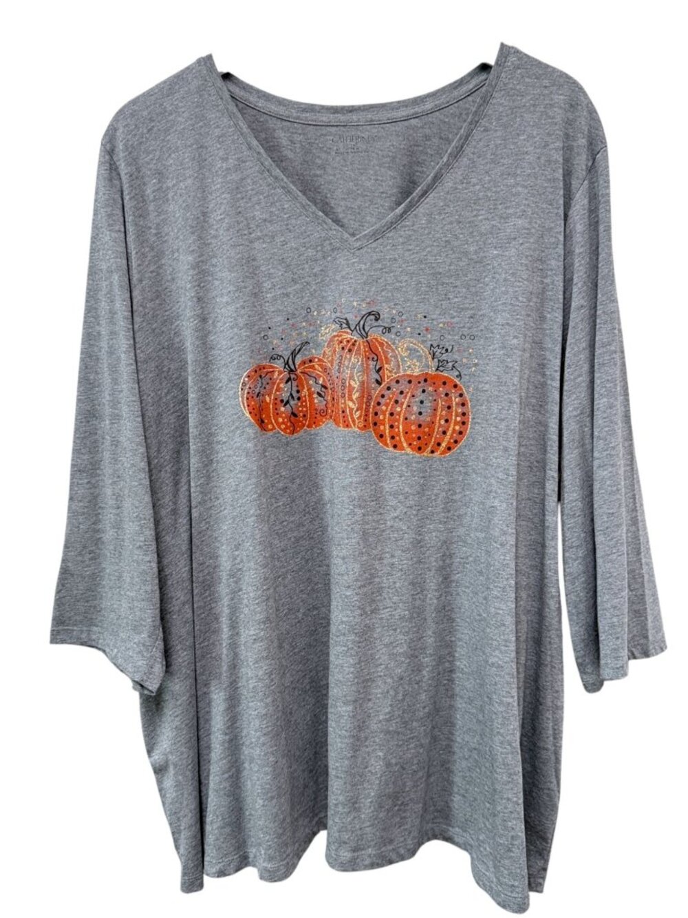 CATHERINES Halloween Pumpkins T-shirt Plus Size 3X Sparkle Gray Fall Top Tee